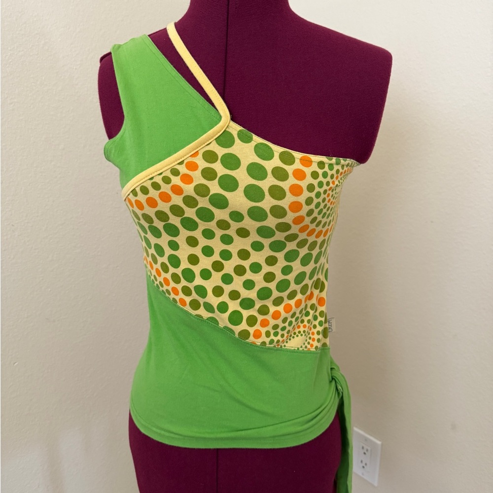 Green and Yellow Polka Dot One-Shoulder Top